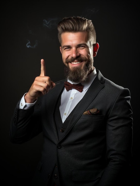 Foto retrato de un hombre de negocios barbudo con un cigarro está apuntando en una dirección