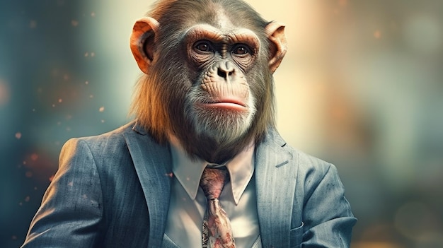 Retrato de hombre de negocios con cabeza de mono Boss chimpancé en traje IA generativa