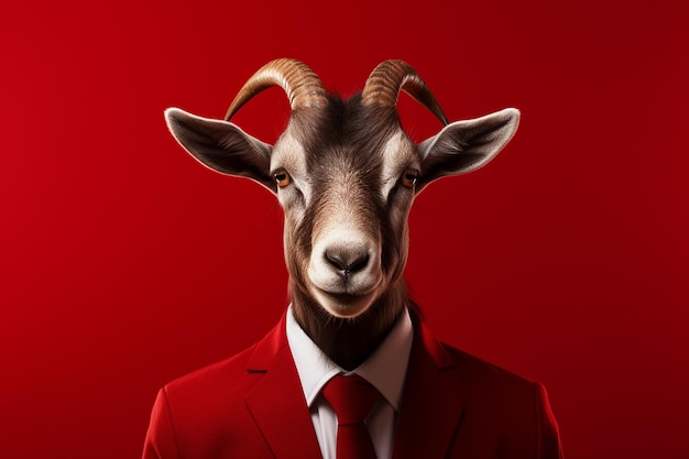 Retrato de hombre de negocios de cabra con traje y corbata sobre fondo rojo aislado