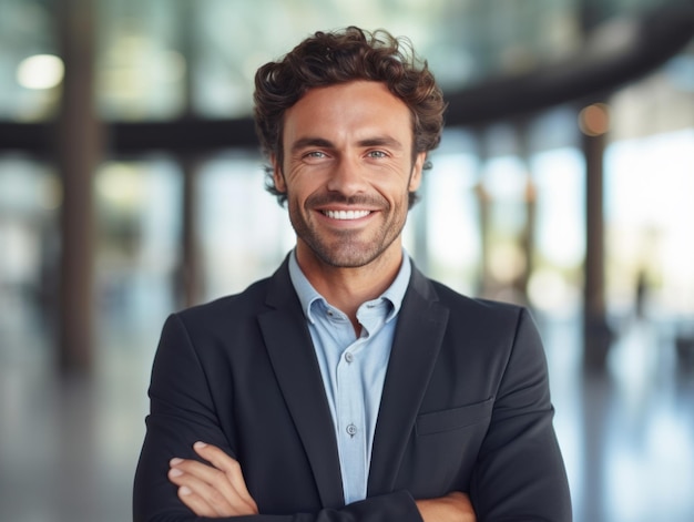 Retrato de un hombre de negocios confiado sonriendo a la cámara con espacio para texto