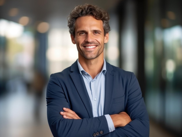 Retrato de un hombre de negocios confiado sonriendo a la cámara con espacio para texto