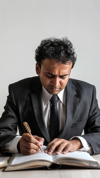 Retrato de un hombre de negocios escribiendo un libro en una mesa sobre un fondo blanco
