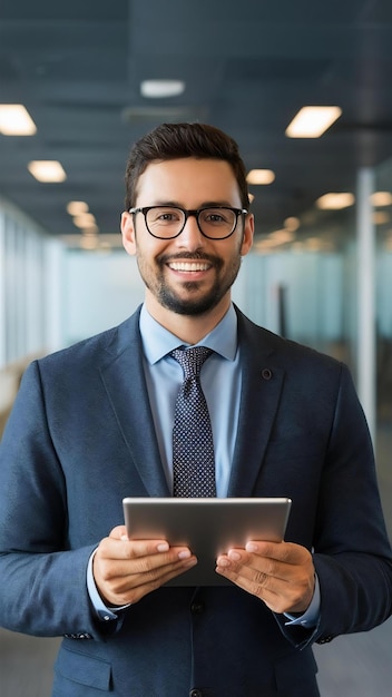 Retrato de un hombre de negocios feliz con una tableta digital