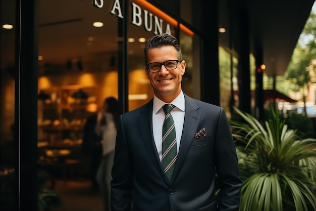 Retrato de hombre de negocios con gafas y traje cerca de la oficina