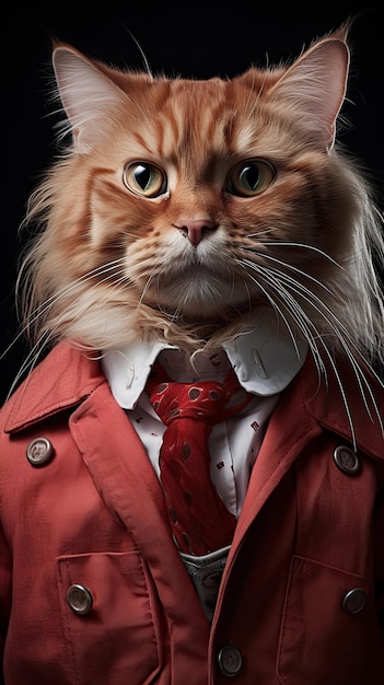 Retrato de un hombre de negocios de gato rojo con abrigo rojo y corbata en un fondo oscuro