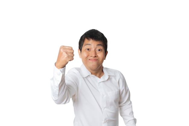 Retrato de hombre de negocios con gesto ganador y celebrando la victoria feliz concepto de expresión facial de emoción humana Foto de estudio aislada en el espacio de copia de fondo blanco