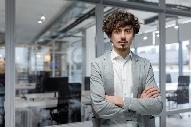 Retrato de un hombre de negocios hispano dentro de un jefe de oficina moderno mirando seriamente a un camarógrafo con