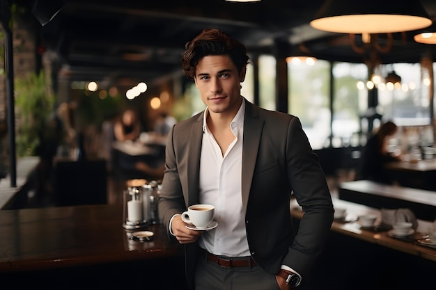 Retrato de hombre de negocios inteligente y guapo bebiendo café en la cafetería Concepto de estilo de vida Ai generativo