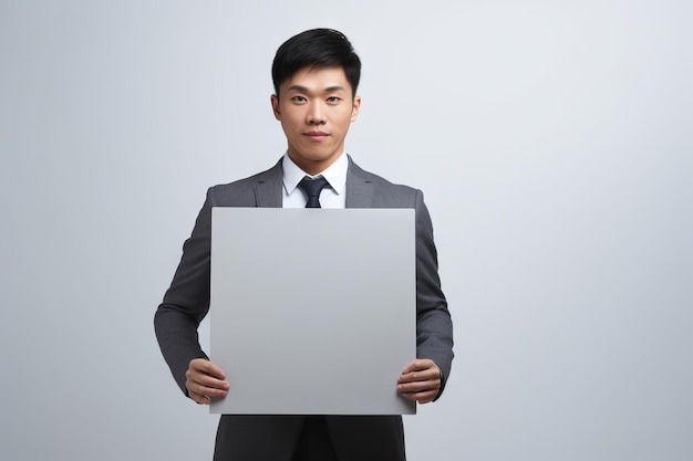 Retrato de un hombre de negocios japonés trabajando con una pizarra blanca en un estudio de fotografía de IA generativa