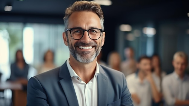 Retrato de un hombre de negocios maduro sonriente que lleva gafas en la oficina IA generativa