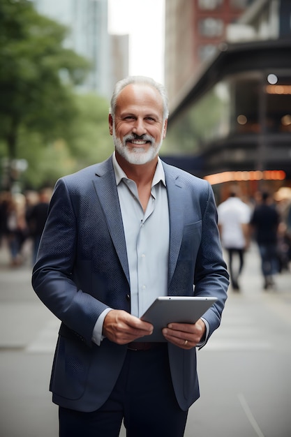 Retrato de un hombre de negocios maduro usando una tableta digital afuera hombre empresario afuera