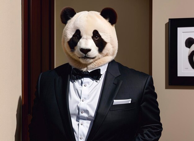 Retrato de un hombre de negocios panda en traje en la oficina