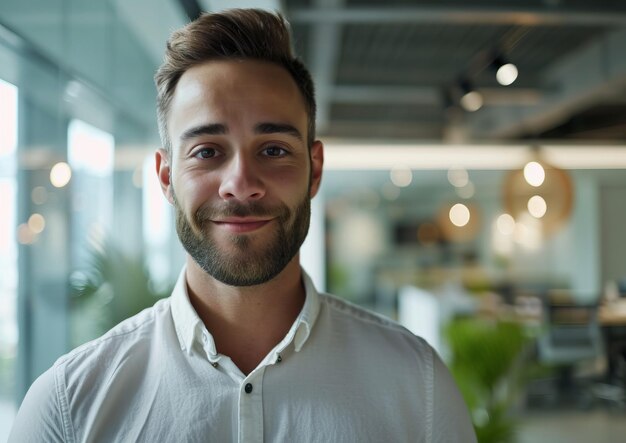 Retrato de un hombre de negocios de pie en la oficina sonrisa confianza en sí mismo joven apuesto