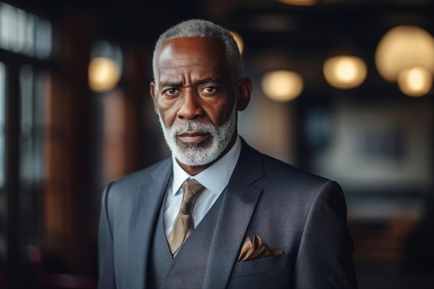 Retrato de un hombre de negocios sério afroamericano en traje en una oficina hombre de negocios exitoso y confiado en traje en el interior mirando a la cámara