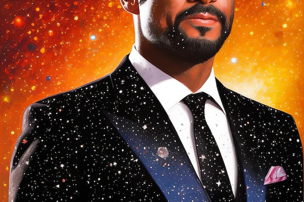 Retrato de un hombre de negocios con traje que está en el espacio al fondo puedes ver las estrellas