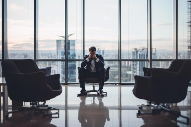 Retrato de un hombre de negocios triste sentado en una oficina moderna