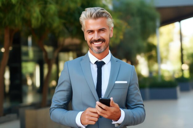 Retrato de un hombre de negocios usando un teléfono móvil