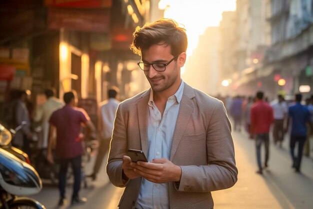 Retrato de un hombre de negocios vestido con traje usando un teléfono inteligente y tomando un café generado por IA