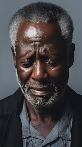 Retrato de un hombre negro anciano llorando contra un fondo oscuro con espacio para el texto generado por la IA