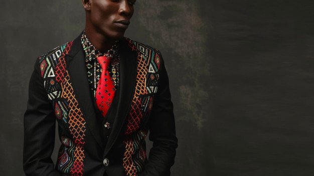 Foto este retrato de un hombre negro lo captura en una mezcla de estilos modernos e incas con un elegante traje negro