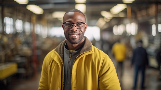 Retrato de un hombre negro que sonríe y se para dentro de una fábrica industrial moderna