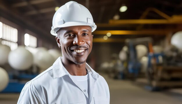 Retrato de un hombre negro sonriente con casco blanco en una fábrica