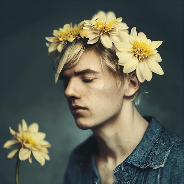 Retrato de hombre con los ojos cerrados y flores en la cabeza renderizado 3d