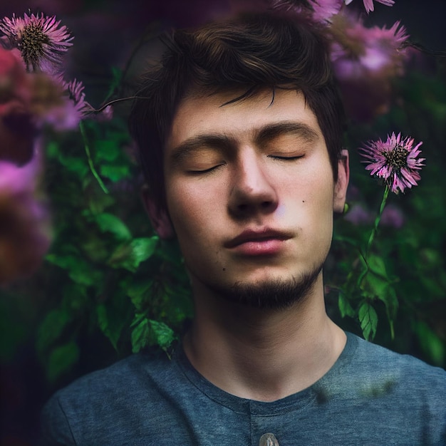 Retrato de hombre con los ojos cerrados y flores en representación 3d de fondo