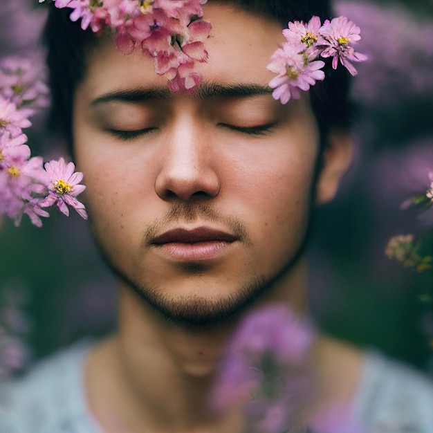 Retrato de hombre con los ojos cerrados y flores en representación 3d de fondo