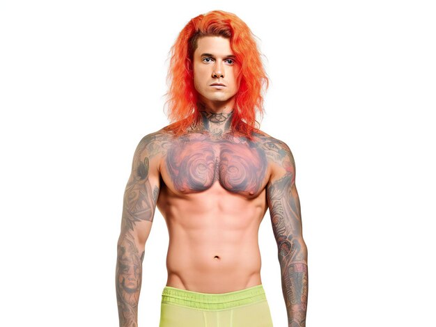 Retrato de un hombre con pelo rojo y tatuajes aislado sobre blanco
