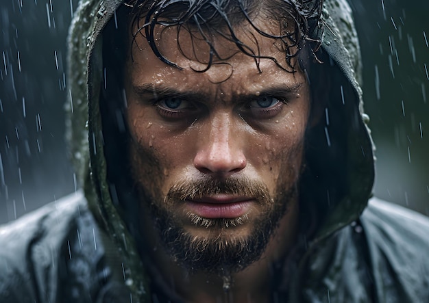 Retrato de un hombre de pie bajo la lluvia con una chaqueta con capucha y la cara cubierta de una mirada húmeda por la lluvia