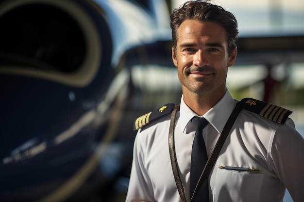 Un retrato de hombre piloto con foto de fondo de ocupación de piloto de avión