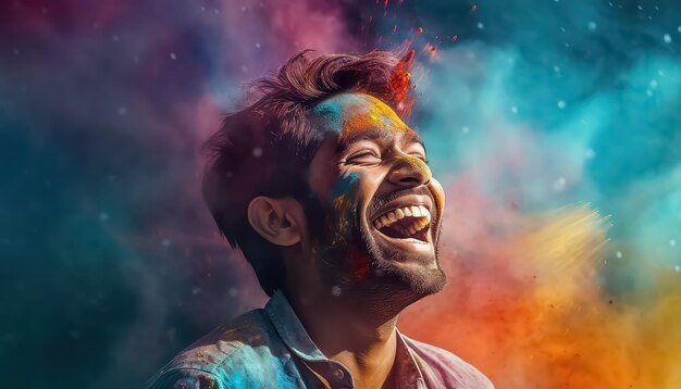 Retrato de un hombre en el polvo de las pinturas sonriendo feliz holi concepto indio