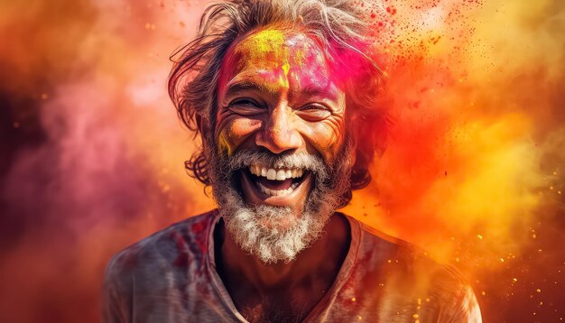 Retrato de un hombre en el polvo de las pinturas sonriendo feliz holi concepto indio