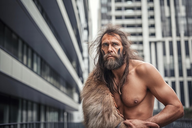 Retrato del hombre prehistórico en la calle de la ciudad en la actualidad IA generativa