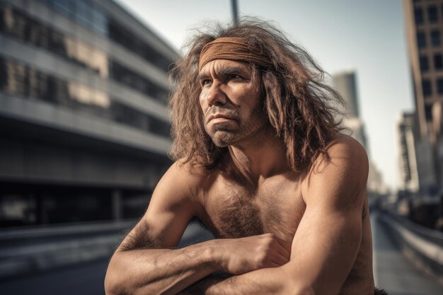 Retrato del hombre prehistórico en la calle de la ciudad en la actualidad IA generativa