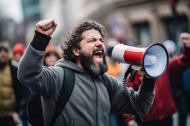 Foto retrato de un hombre que grita por un megáfono durante una protesta generado por ia