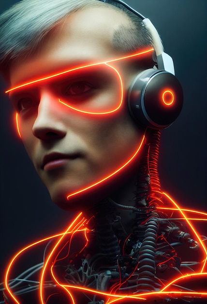 Retrato de un hombre que lleva un auricular cyberpunk y un equipo de neón cyberpunk