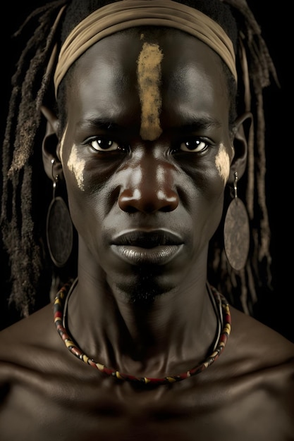 Un retrato de un hombre con rastas y un collar.