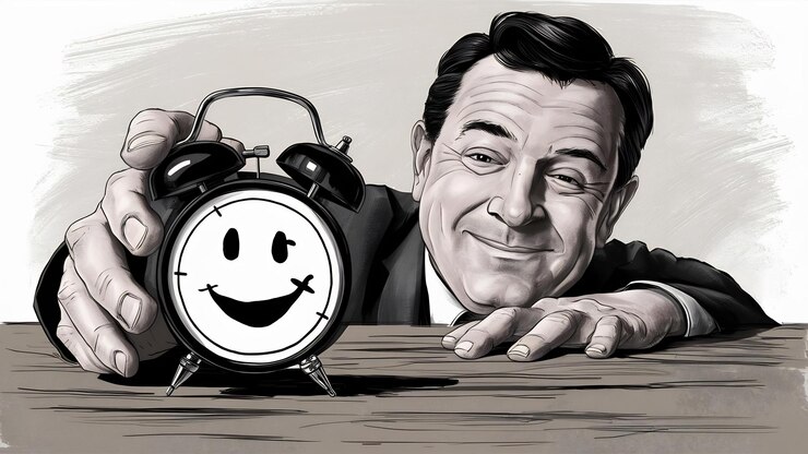 Foto retrato de un hombre satisfecho feliz con despertador