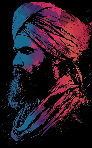 Retrato de un hombre sikh con un turbante tradicional y una barba W T-shirt diseño de arte tatuaje marcos de tinta