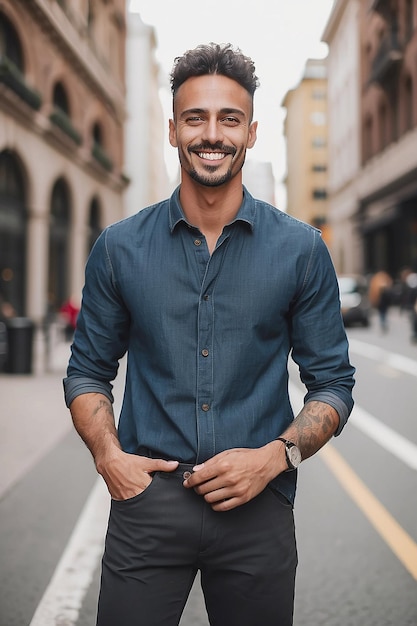 Retrato de un hombre sonriendo en la ciudad