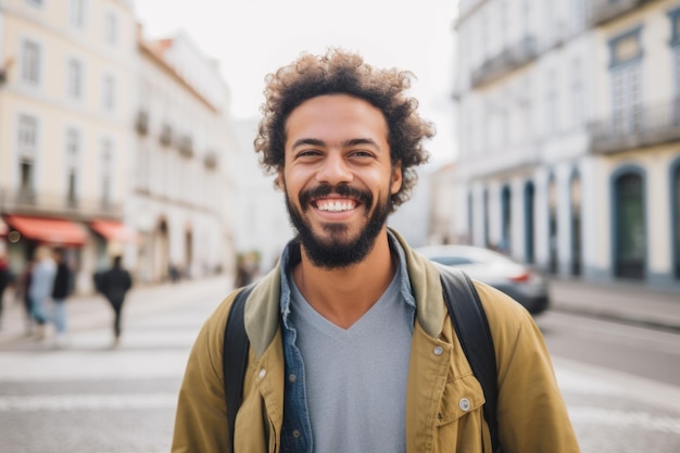 Retrato del hombre sonriendo en la ciudad