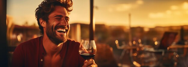 Foto retrato de un hombre sonriente con una copa de vino telón de fondo borroso de viña al atardecer ia generativa