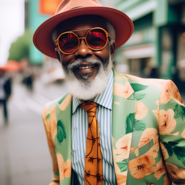 retrato de un hombre sonriente con gafas de sol y un traje colorido con una barba en un su elegante