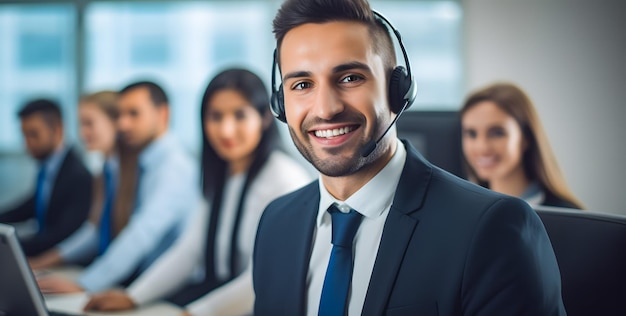 Retrato de un hombre sonriente, operador telefónico de atención al cliente en la oficina, centro de llamadas y servicio al cliente