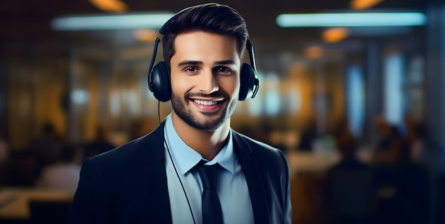 Retrato de un hombre sonriente, operador telefónico de atención al cliente en la oficina, centro de llamadas y servicio al cliente