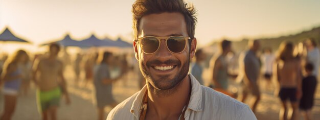 Retrato de un hombre sonriente en la playa con el telón de fondo de gente de vacaciones