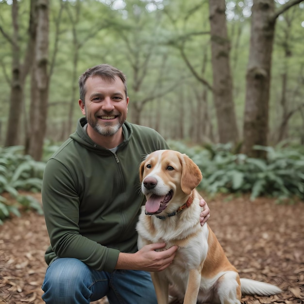Foto retrato de un hombre sonriente con su perro en el parque natural