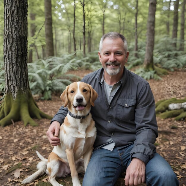 Retrato de un hombre sonriente con su perro en el parque natural